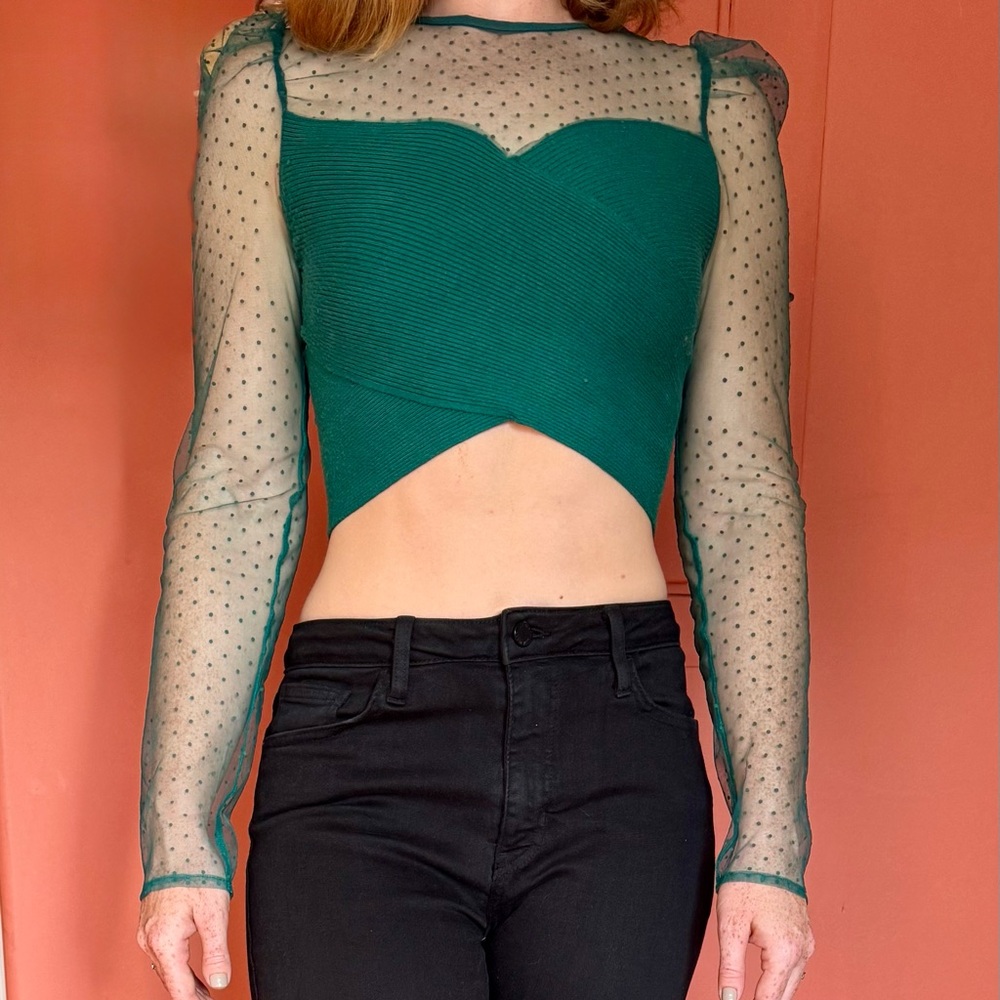 Asymmetrical Sheer Sleeve Green Crop Blouse